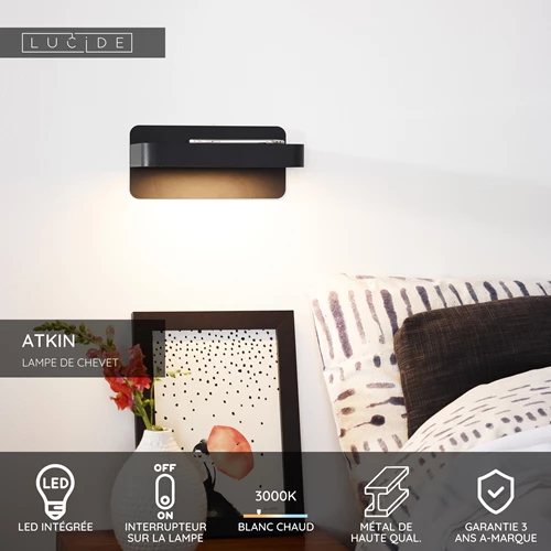 Lucide ATKIN - Lampe de chevet / Applique mural - LED - 1x6W 3000K - Point de rechargement USB - Noir - USP